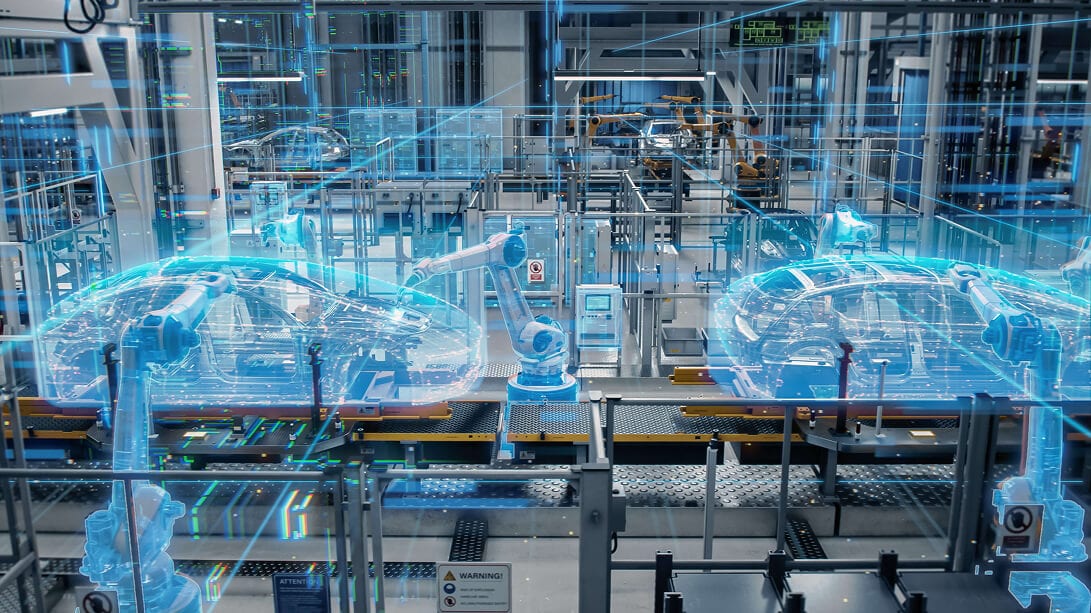 Digital vernetzte Roboter in einer Fahrzeug-Fertigungslinie