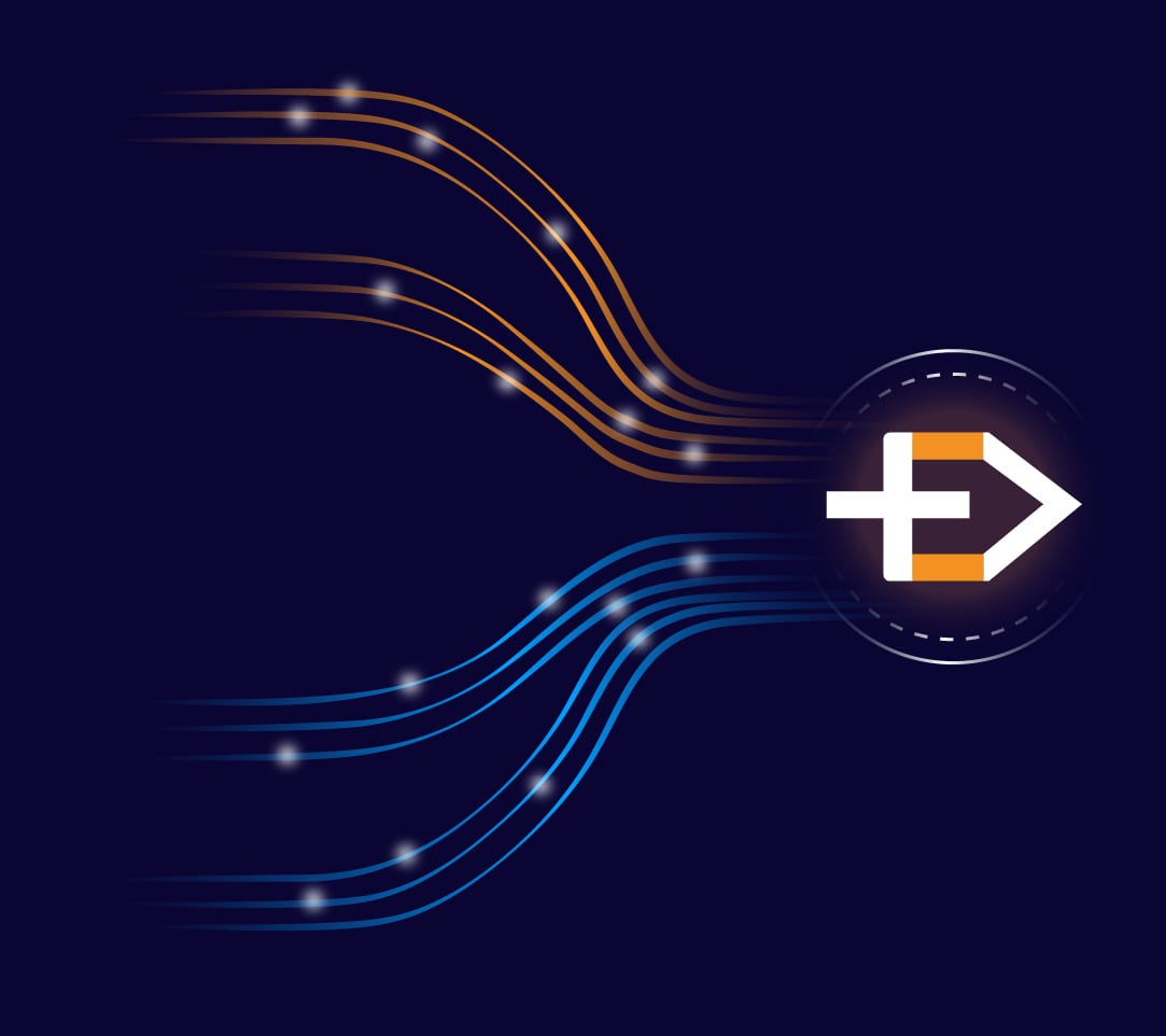 Orange und blaue Datenströme laufen im Emposo-Logo zusammen